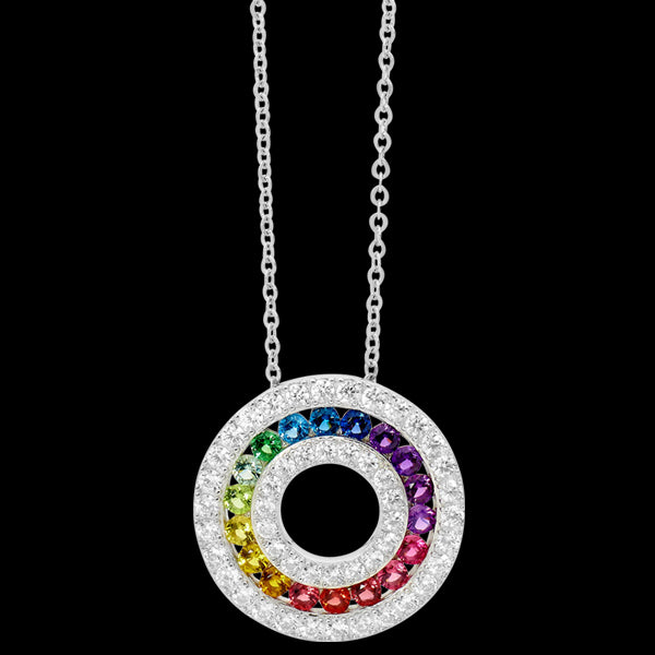 ELLANI STERLING SILVER 20MM CIRCLE RAINBOW CZ CHANEL SET NECKLACE