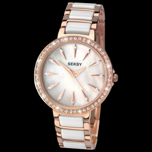 SEKSY LADIES PEARL DIAL ROSE GOLD & WHITE CERAMIC WATCH - TILT VIEW