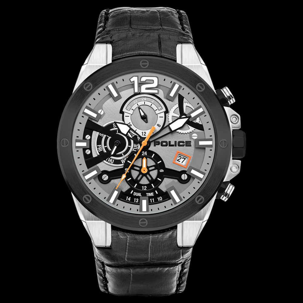 Grey dial black best sale leather strap watch