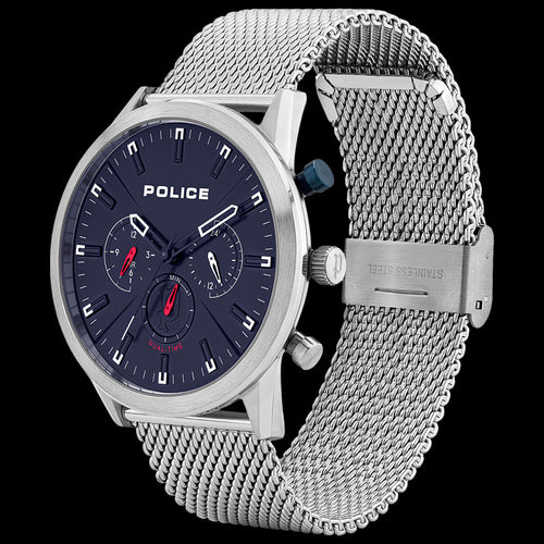 POLICE MEN'S SILFRA BLUE DIAL SILVER MESH WATCH - TILT VIEW