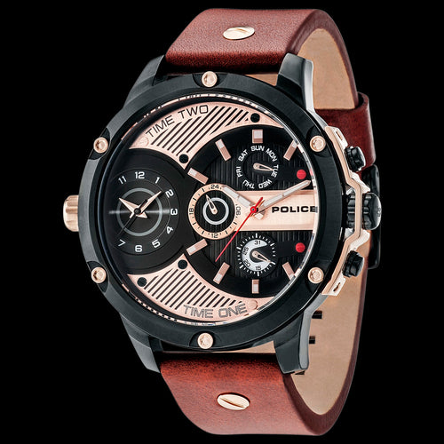 POLICE MEN’S LEADER MULTI BLACK IP ROSE GOLD LEATHER WATCH - TILT VIEW