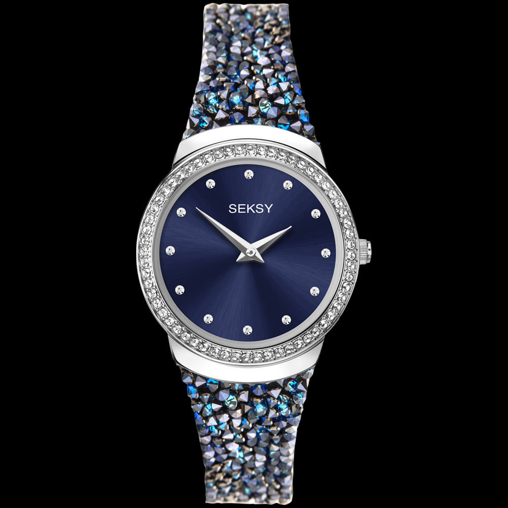 SEKSY LADIES ROCKS HALO BLUE DIAL SILVER CRYSTAL WATCH