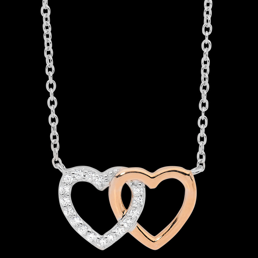 ELLANI STERLING SILVER ROSE GOLD INTERLOCKING CZ HEARTS NECKLACE