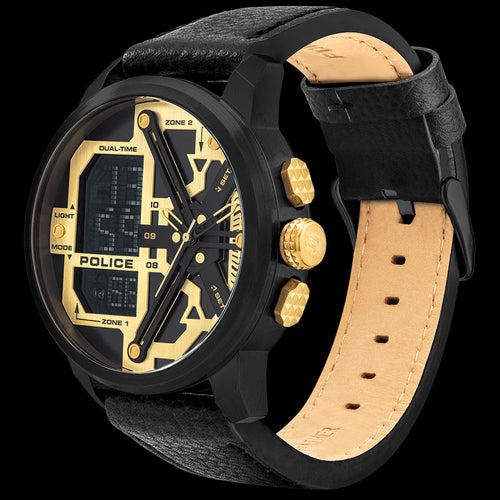 POLICE MEN'S MARSDEN GOLD BLACK LEATHER WATCH - TILT VIEW