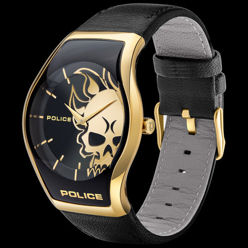 POLICE MEN'S SPHERE GOLD FLAMING SKULL WATCH - TILT VIEW