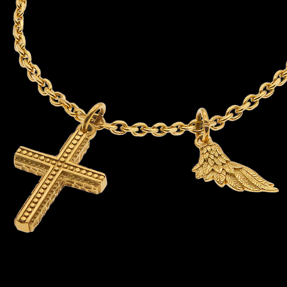 SAVE BRAVE MEN'S FAITH CROSS & WING STAINLESS STEEL GOLD NECKLACE