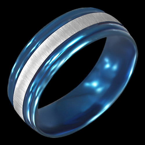 STAINLESS STEEL 8MM BLUE IP SILVER BAND RING