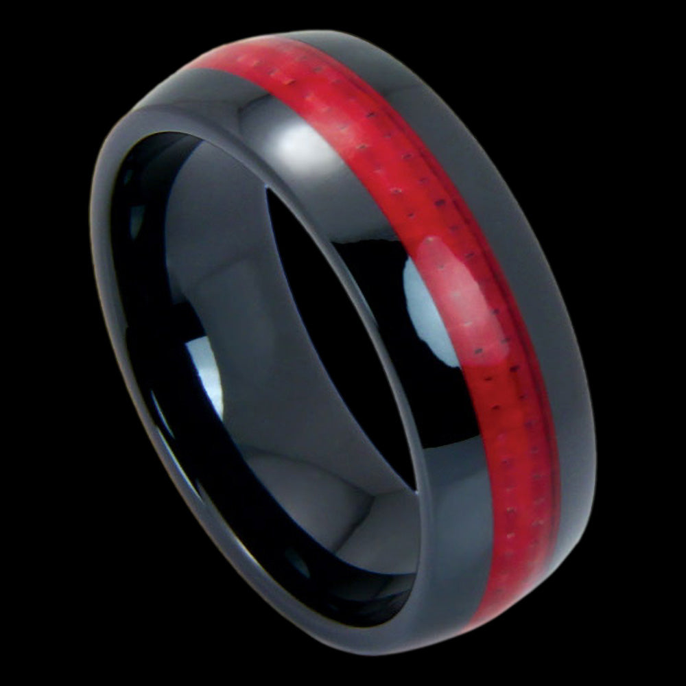 BLACK CERAMIC MEN'S RED CARBON FIBRE INLAY RING