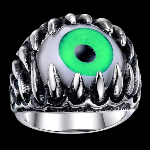 STAINLESS STEEL MEN'S GREEN EYEBALL JAWS RING - FRONT VIEW