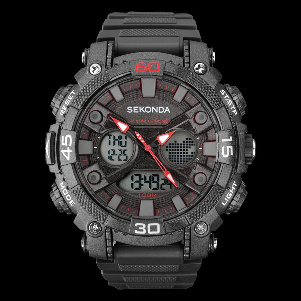 SEKONDA MEN'S DIGITAL BLACK & RED MULTIFUNCTION WATCH