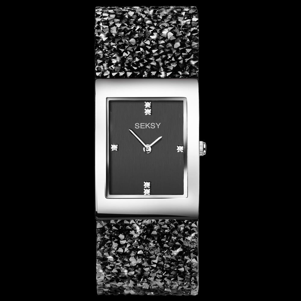 SEKSY LADIES ROCKS RECTANGLE SILVER CRYSTAL BRACELET WATCH