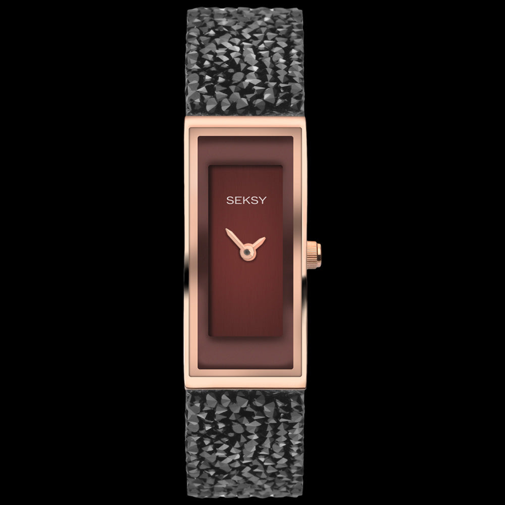 SEKSY LADIES ROCKS BLACK SLIMLINE BURGUNDY DIAL CRYSTAL BRACELET WATCH