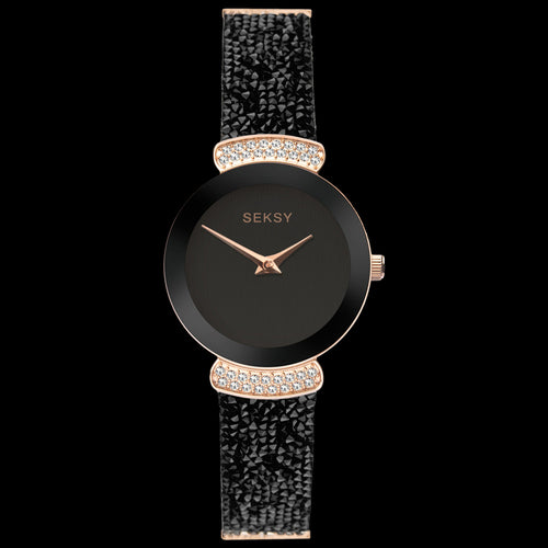SEKSY LADIES ROCKS MINIMAL ROSE GOLD BLACK CRYSTAL BRACELET WATCH