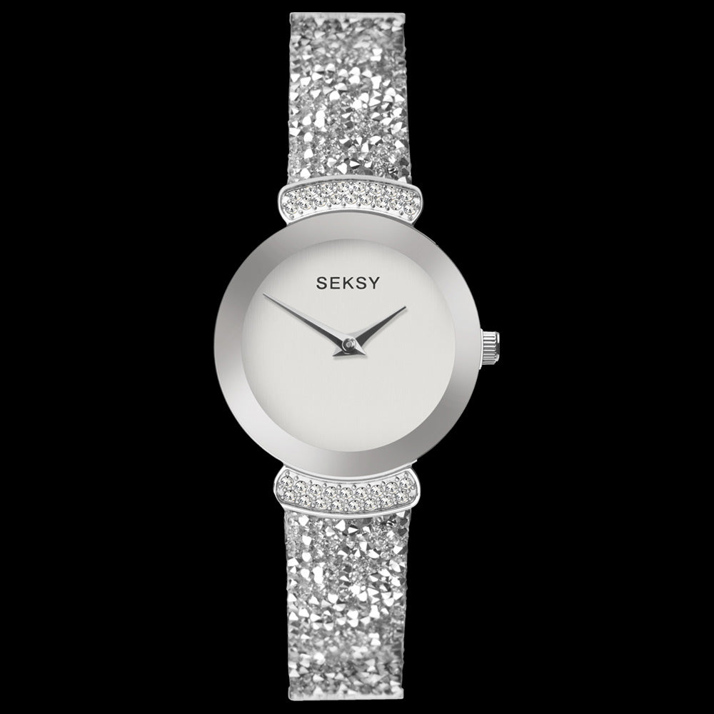 SEKSY LADIES ROCKS MINIMAL SILVER CRYSTAL BRACELET WATCH