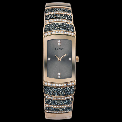 SEKSY LADIES ROCKS THIN RECTANGLE ROSE GOLD BLACK CRYSTAL BRACELET WATCH