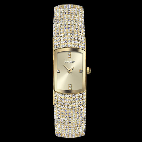 SEKSY LADIES ROCKS THIN RECTANGLE GOLD CRYSTAL BRACELET WATCH