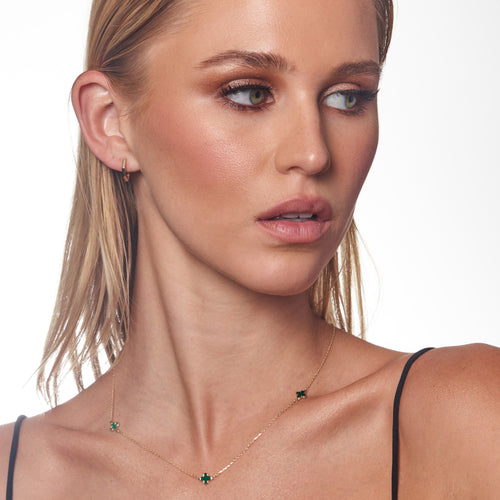 Model Wearing 9 Carat Yellow Gold Malachite Flower Petal Necklace