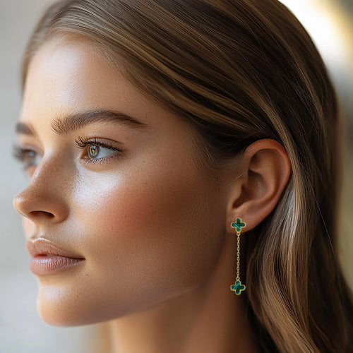 Woman Wearing 9 Carat Yellow Gold Malachite Flower Petal Drop Earrings