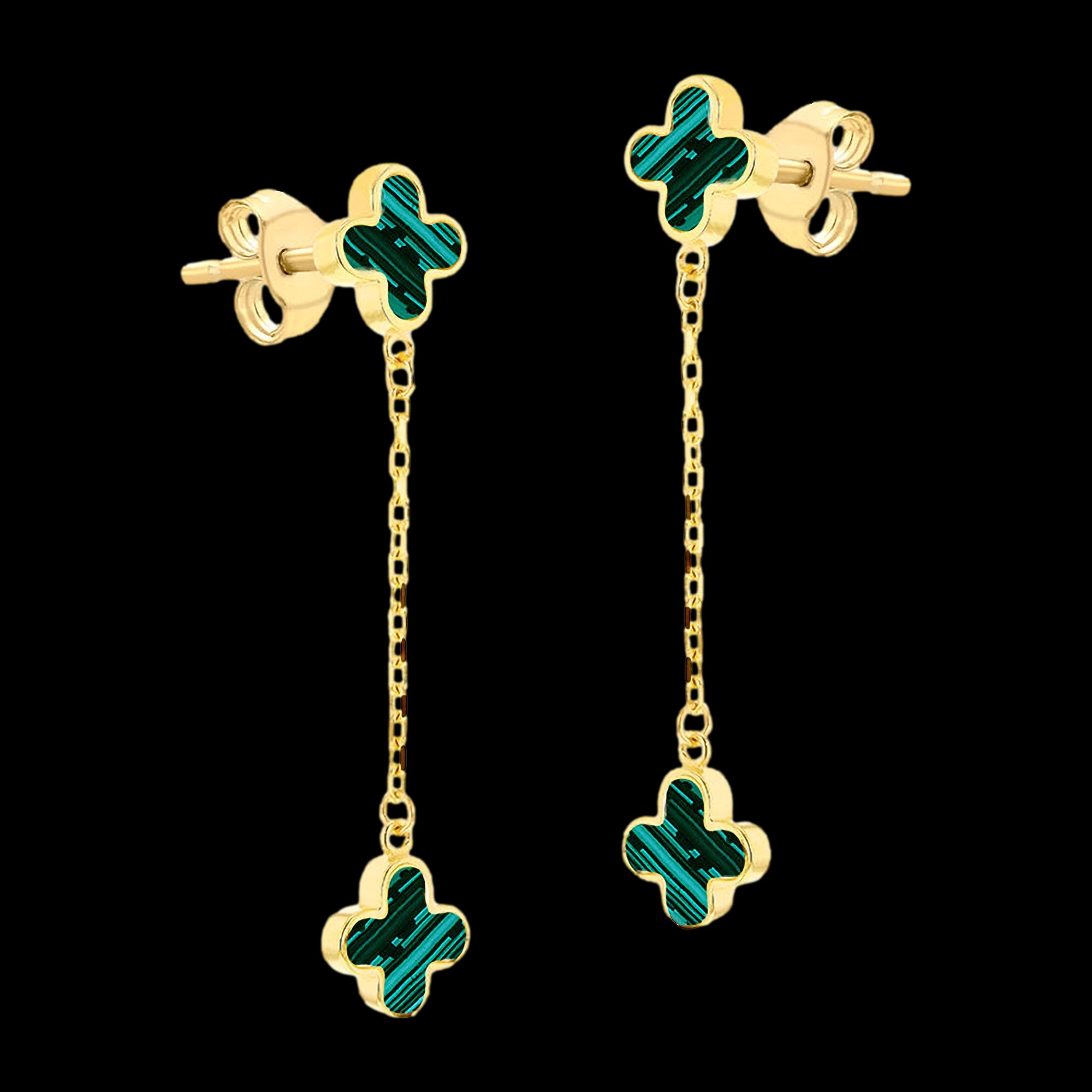 Side View 9 Carat Yellow Gold Malachite Flower Petal Drop Earrings