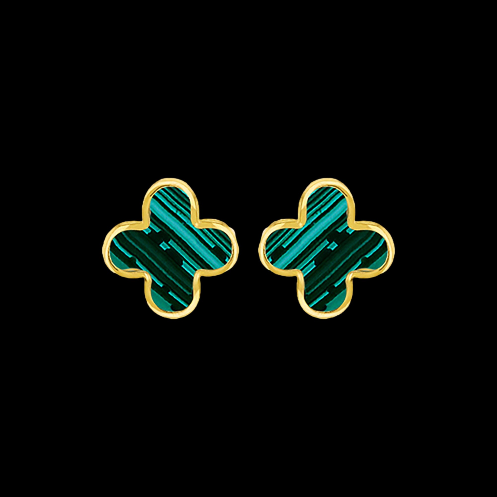 Front View 9 Carat Yellow Gold Malachite Flower Petal Stud Earrings