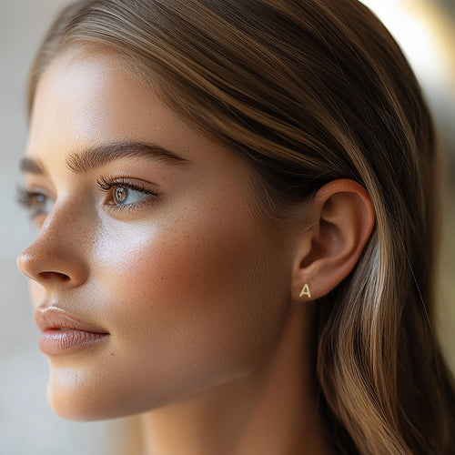 Woman Wearing 9 Carat Yellow Gold Letter A Initial Earrings