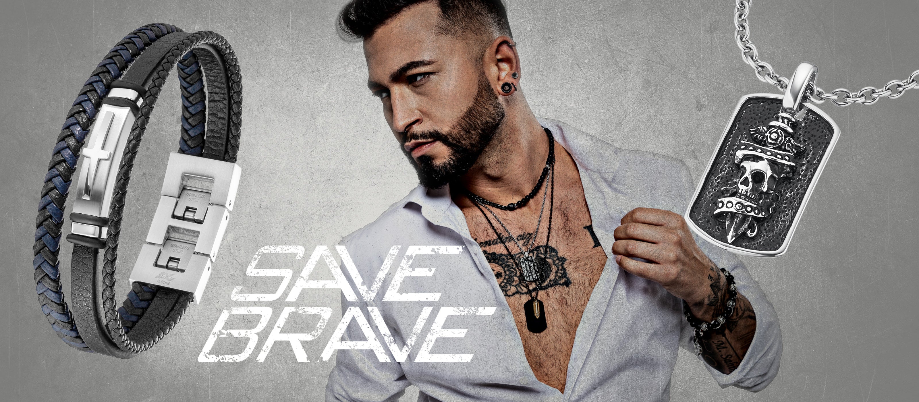 SAVE BRAVE | MEN'S JEWELLERY COLLECTION | MEN'S BRACELETS | MEN'S NECKLACES | MEN'S RINGS | MEN'S EARRINGS | MEN'S KEYRINGS | STAINLESS STEEL | STERLING SILVER | AUSTRALIA