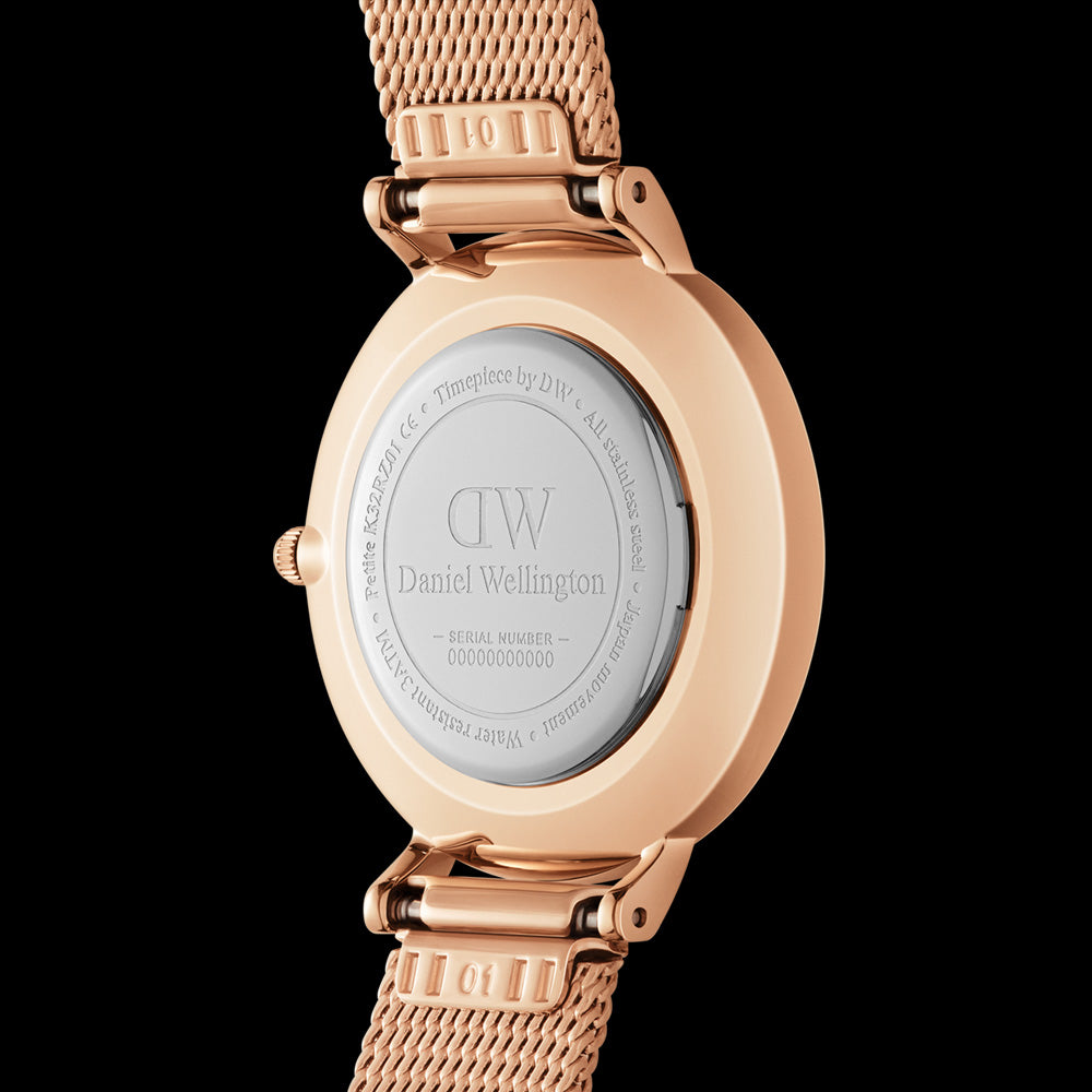 DANIEL WELLINGTON PETITE ROMAN NUMERALS ROSE GOLD WHITE DIAL WATCH - BACK VIEW