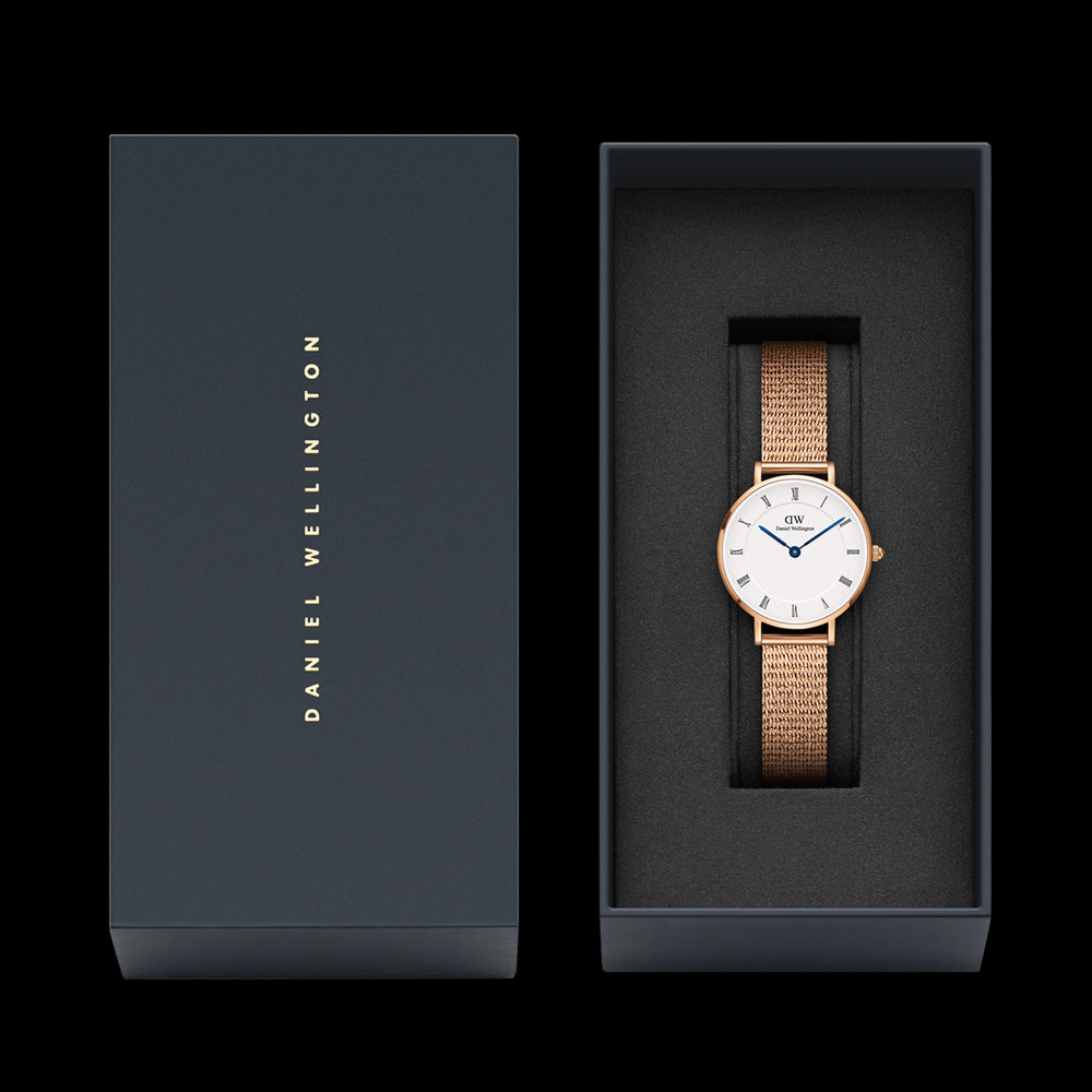 DANIEL WELLINGTON PETITE ROMAN NUMERALS ROSE GOLD WHITE DIAL WATCH - PACKAGING