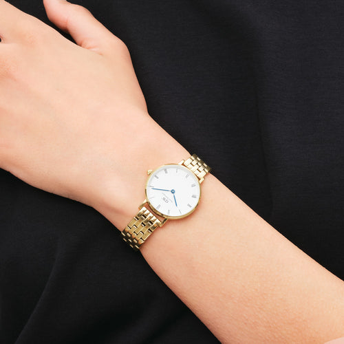 DANIEL WELLINGTON PETITE 5-LINK ROMAN NUMERALS GOLD WHITE DIAL WATCH - WRIST VIEW