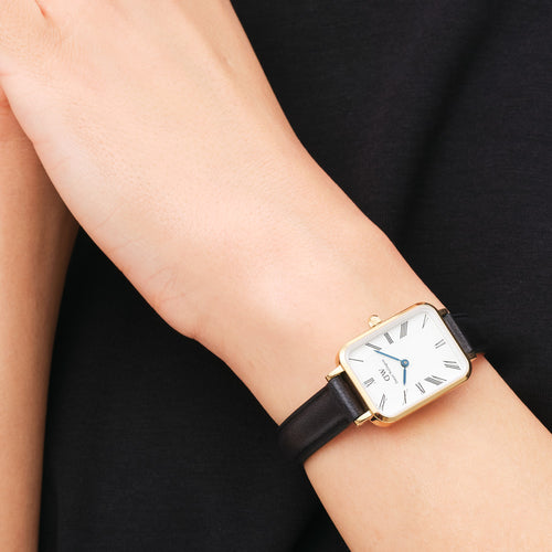 DANIEL WELLINGTON QUADRO ROMAN NUMERALS SHEFFIELD GOLD WHITE DIAL WATCH - WRIST VIEW