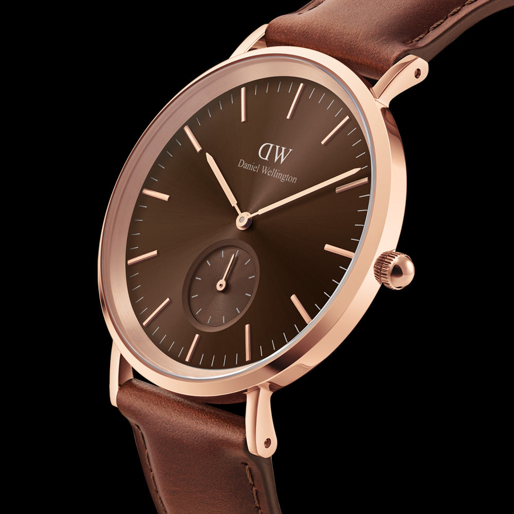 DANIEL WELLINGTON CLASSIC LEATHER MULTI-EYE ROSE GOLD AMBER DIAL WATCH  - ANGLE VIEW