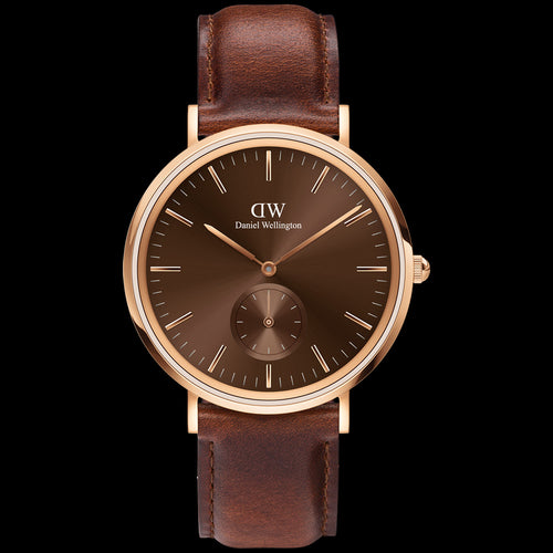 DANIEL WELLINGTON CLASSIC LEATHER MULTI-EYE ROSE GOLD AMBER DIAL WATCH