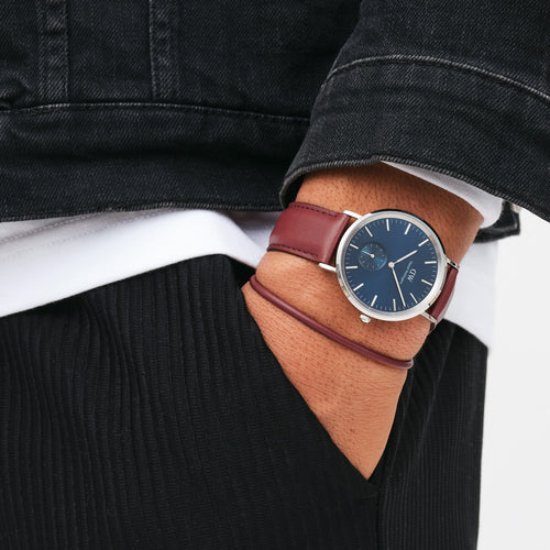 DANIEL WELLINGTON CLASSIC LEATHER MULTI-EYE SILVER ARCTIC BLUE DIAL WATCH - WRIST VIEW