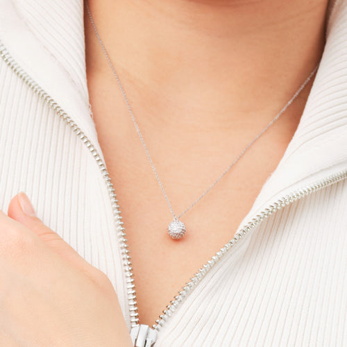 Woman Wearing Daniel Wellington Pave Crystal Silver Ball Necklace