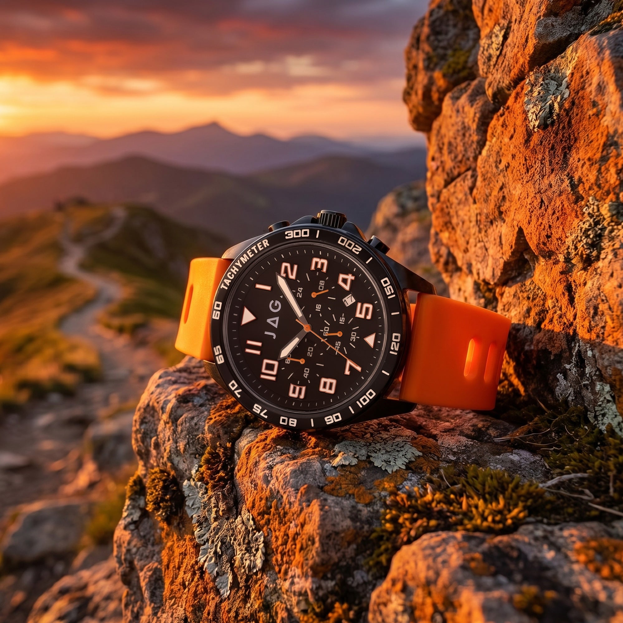 JAG Beachport black dial orange sport chronograph men's watch sitting on a rock face on an outdoor trail.