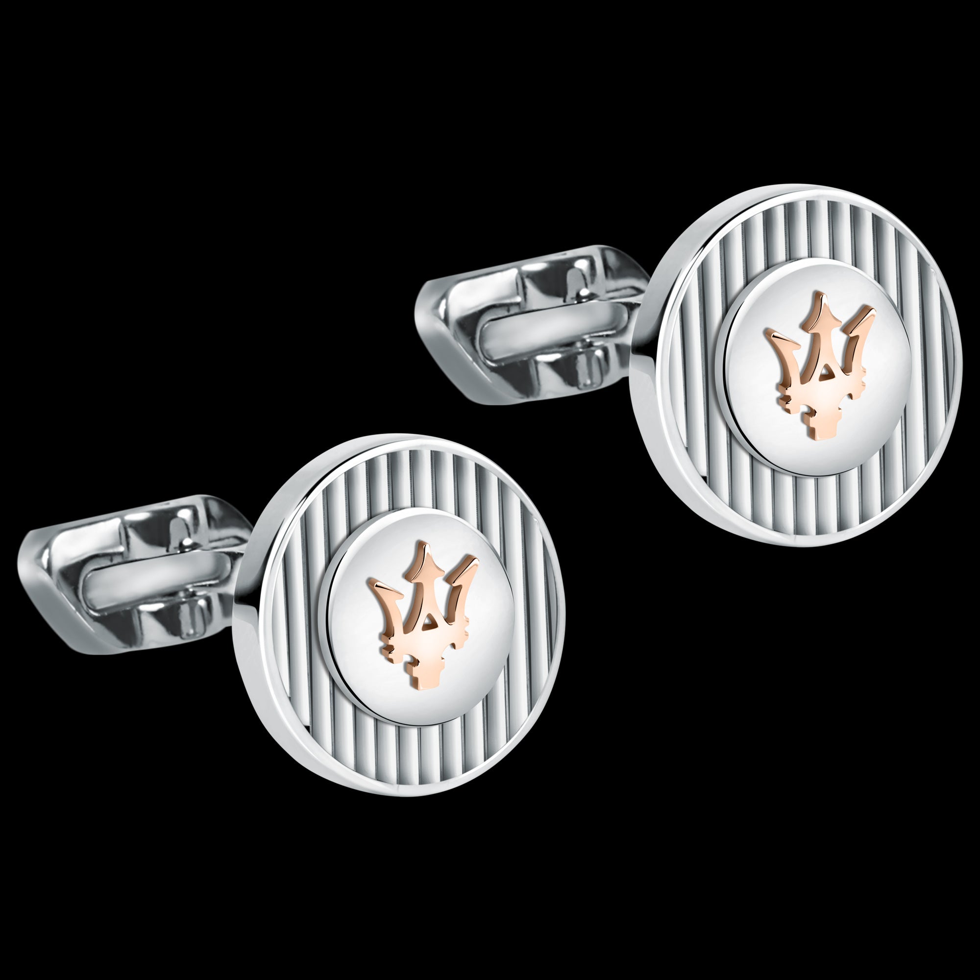 A pair of silver and rose gold stainless steel cufflinks with the Maserati logo in the centre