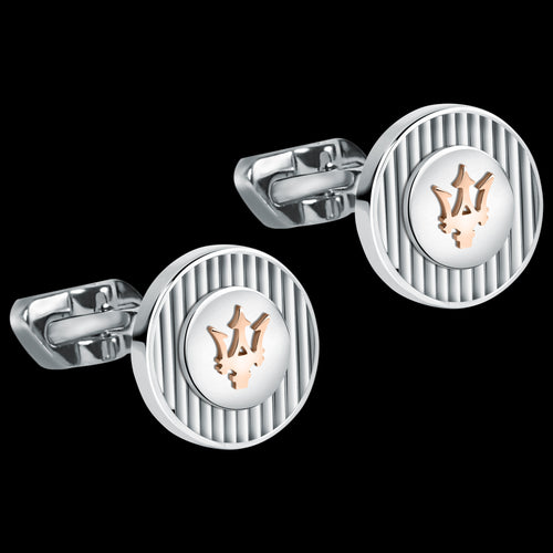 A pair of silver and rose gold stainless steel cufflinks with the Maserati logo in the centre
