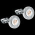 A pair of silver and rose gold stainless steel cufflinks with the Maserati logo in the centre