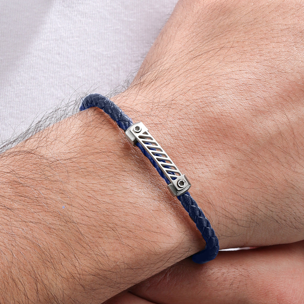 POLICE PLAQUETES BLUE LEATHER MEN'S BRACELET - WRIST VIEW