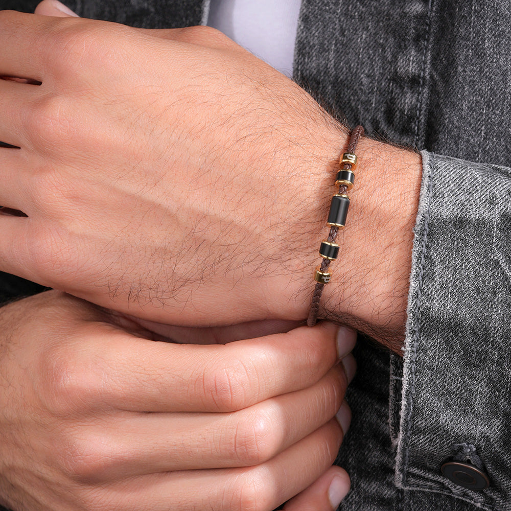 POLICE BULLION BROWN LEATHER GOLD BEAD MEN'S BRACELET - WRIST VIEW
