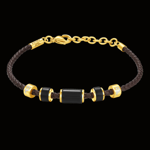 POLICE BULLION BROWN LEATHER GOLD BEAD MEN'S BRACELET