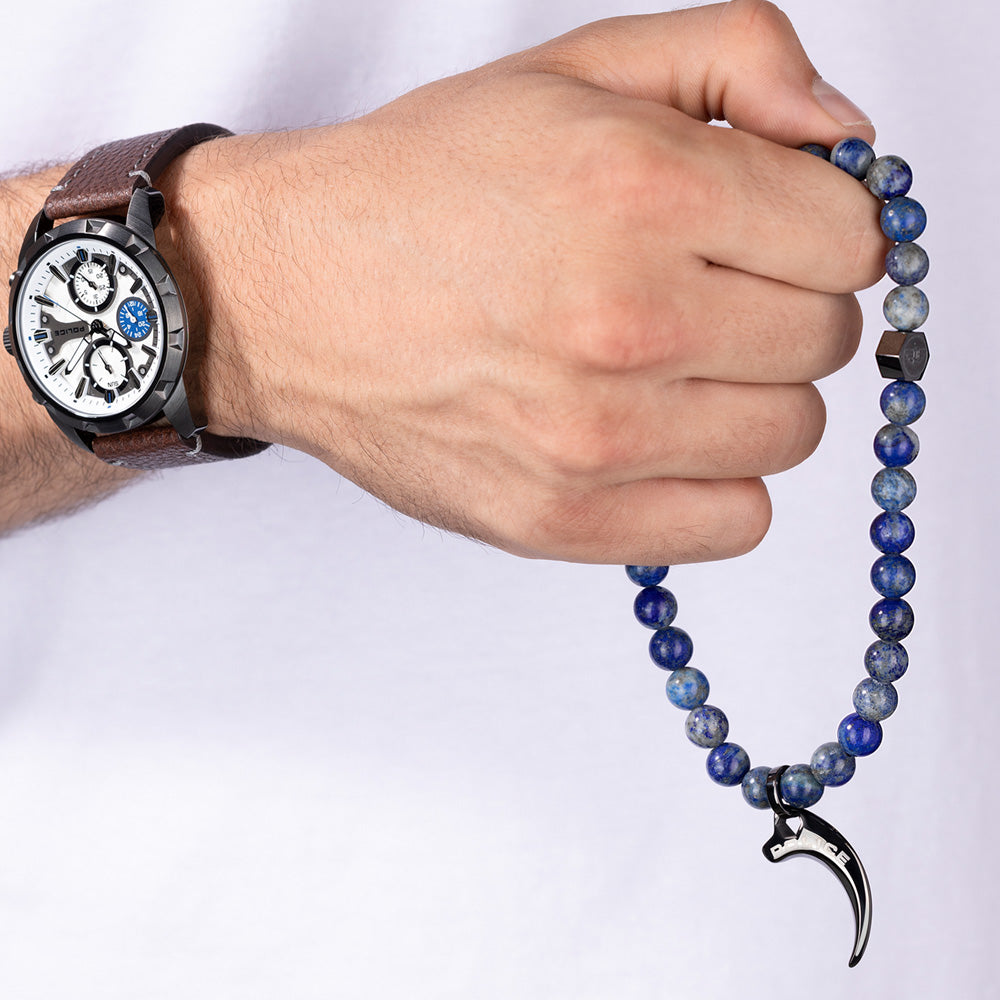 POLICE TALON BLUE TIGER EYE BEAD MEN'S BRACELET - MODEL VIEW