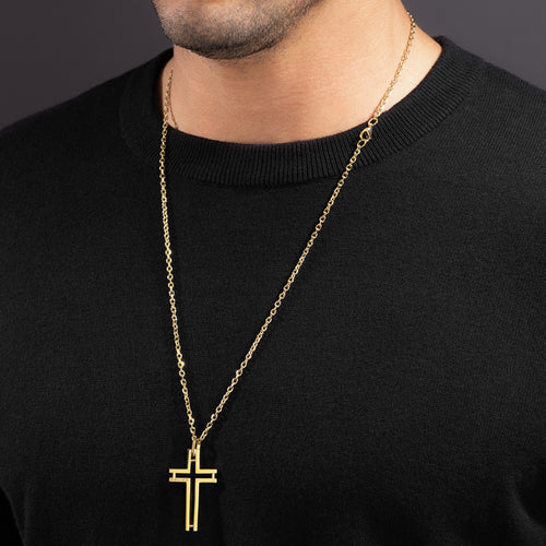 Man wearing Police Framed Gold Cross Necklace