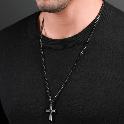 POLICE ZEAL BLACK CZ CROSS MEN'S NECKLACE - MODEL VIEW