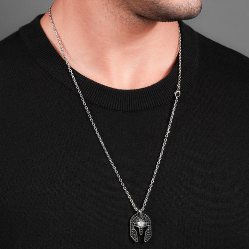 POLICE ARMOR BLACK SPARTAN HELMET MEN'S NECKLACE - MODEL VIEW