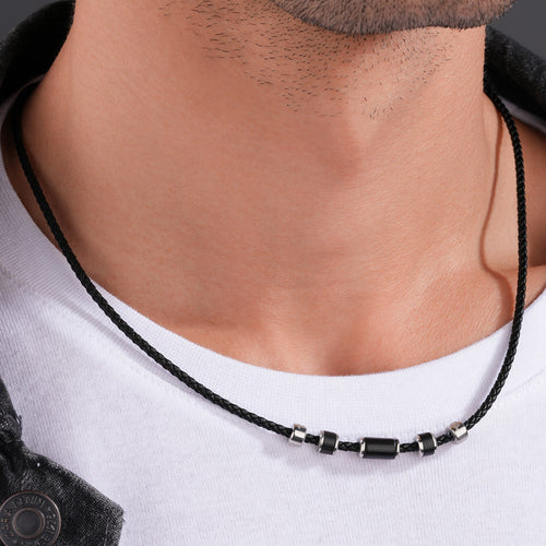 POLICE BULLION BLACK LEATHER BEAD MEN'S NECKLACE - WRIST VIEW