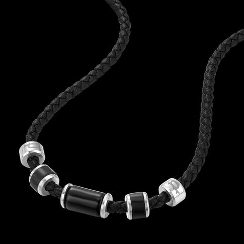 POLICE BULLION BLACK LEATHER BEAD MEN'S NECKLACE