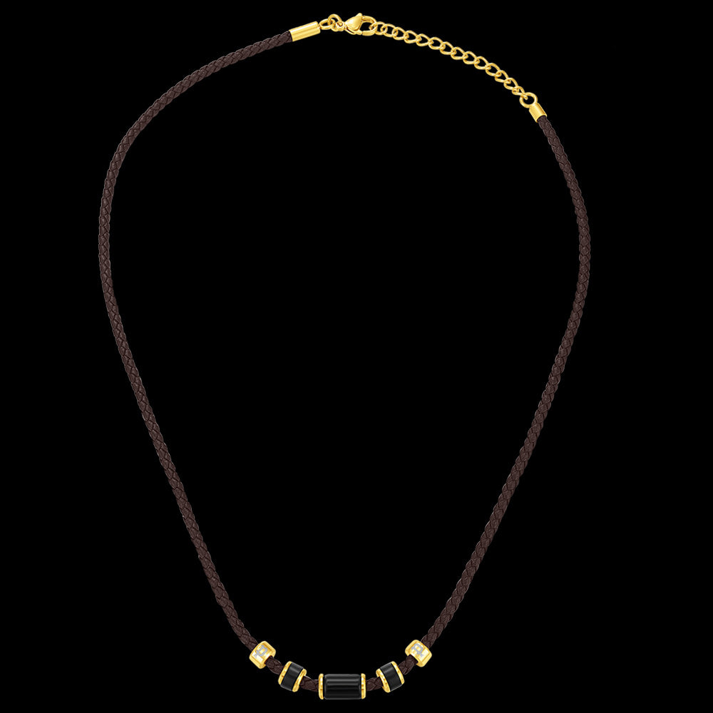POLICE BULLION BROWN LEATHER GOLD BEAD MEN'S NECKLACE - FULL VIEW