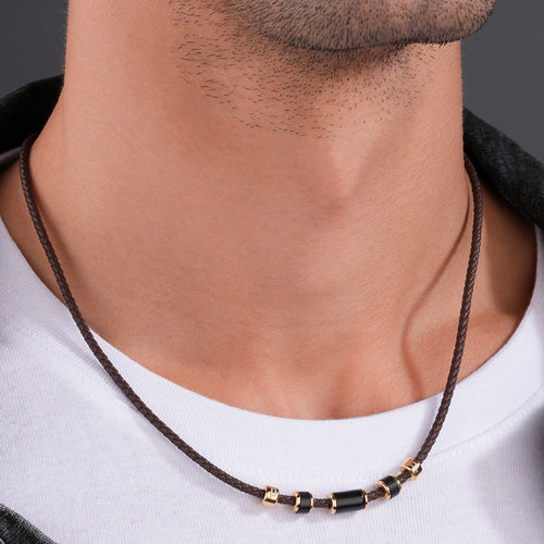 POLICE BULLION BROWN LEATHER GOLD BEAD MEN'S NECKLACE - MODEL VIEW