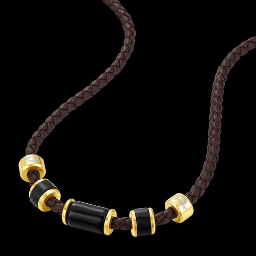 POLICE BULLION BROWN LEATHER GOLD BEAD MEN'S NECKLACE